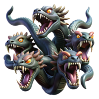beautiful traditional A fierce hydra with multiple heads and venomous fangs, battling a group of heroes. Dramatic, high-contrast lighting. Epic Fantasy style genuine png