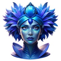 wonderful abstract Portrait of a woman with vibrant blue makeup and elaborate headwear adorned with feathers, lit by dramatic chiaroscuro lighting, in an Art Deco style original png