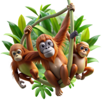 serene artistic A family of orangutans swinging through the rainforest canopy, dappled sunlight, dynamic and energetic style authentic png