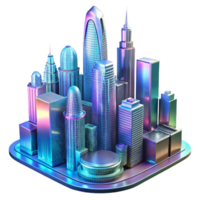 dramatic contemporary A futuristic cityscape with towering skyscrapers made of glass and steel, reflecting the vibrant colors of a holographic advertisement. Art deco style high quality png