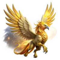 wonderful artistic A majestic griffin with golden feathers and piercing amber eyes soaring through a swirling nebula. Epic fantasy style, dramatic lighting detailed png