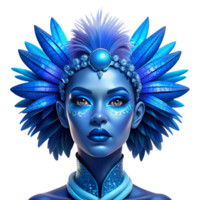 wonderful traditional Portrait of a woman with vibrant blue makeup and elaborate headwear adorned with feathers, lit by dramatic chiaroscuro lighting, in an Art Deco style authentic png