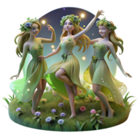dramatic contemporary A group of playful forest nymphs dancing in a moonlit glade, adorned with flowers and glowing moss. Soft, ethereal lighting. Pre-Raphaelite style 4K png