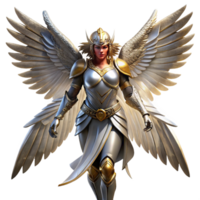 impressive rustic A powerful, winged Valkyrie, clad in gleaming armor, descending from the heavens. Dramatic, chiaroscuro lighting. Digital painting style professional png