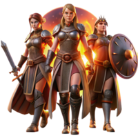 stunning artistic A group of warrior women, armed with swords and shields, standing defiantly, illuminated by a fiery sunset. Epic fantasy style genuine png