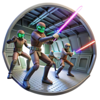 stunning classic A group of space pirates fighting with laser swords in the zero-gravity environment of a derelict spaceship, illuminated by flashing emergency lights. Space opera style genuine png