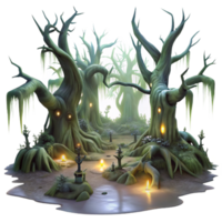 impressive contemporary A haunted, ancient forest filled with twisted, gnarled trees and spectral creatures, lit by the eerie glow of will-o'-the-wisps. Alan Lee, dark fantasy, ethereal exclusive png