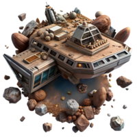 serein traditionnel une vaisseau spatial cimetière, rempli avec abandonné navires et débris, flottant dans le vaste étendue de espace. dystopique esthétique, graveleux textures, spectaculaire éclairage original png