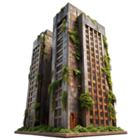vibrant modern A towering, decaying skyscraper with vines and rust consuming its facade, low-angle shot, oppressive atmosphere, hyperrealistic style, dim, overcast lighting genuine png