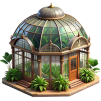 elegant minimalist A grand Victorian greenhouse filled with exotic plants, soft filtered sunlight, botanical illustration style authentic png