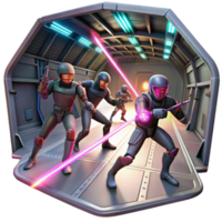 stunning rustic A group of space pirates fighting with laser swords in the zero-gravity environment of a derelict spaceship, illuminated by flashing emergency lights. Space opera style genuine png