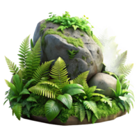 stunning abstract A mossy rock covered in ferns in a rainforest, diffused light, photorealistic style premium png