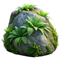 stunning contemporary A mossy rock covered in ferns in a rainforest, diffused light, photorealistic style high resolution png