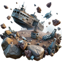 serene abstract A spaceship graveyard, filled with derelict ships and debris, floating in the vast expanse of space. Dystopian aesthetic, gritty textures, dramatic lighting exclusive png