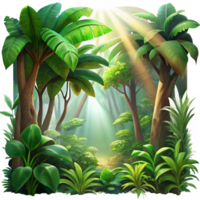 magnificent abstract A lush, tropical rainforest canopy, sunlight filtering through the leaves, with a vibrant, impressionistic painting style high resolution png