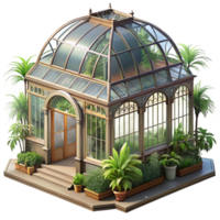 dramatic artistic A grand Victorian greenhouse filled with exotic plants, soft filtered sunlight, botanical illustration style high quality png