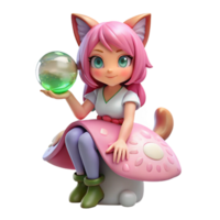 vibrant artistic A whimsical, pink-haired catgirl with large emerald eyes sits perched atop a giant mushroom, holding a sparkling crystal ball. Soft, pastel lighting. Anime style detailed png