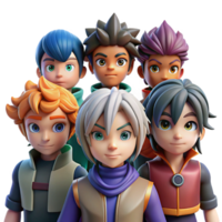 dramatic classic A group of five diverse anime characters, each with distinct hairstyles and outfits, stand together, ready for battle. Dynamic lighting with contrasting shadows. Anime style exclusive png