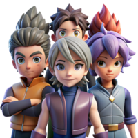 serene classic A group of five diverse anime characters, each with distinct hairstyles and outfits, stand together, ready for battle. Dynamic lighting with contrasting shadows. Anime style genuine png
