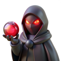 extraordinary creative A mysterious figure cloaked in shadows, with glowing red eyes visible beneath the hood, holds a mystical orb. Dark, atmospheric lighting. Anime style professional png