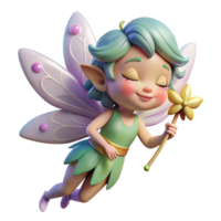 serene minimalist A whimsical pixie, with iridescent wings and a mischievous grin, sprinkling fairy dust over a sleeping flower. Soft, sparkling lighting. Children's book illustration style original png