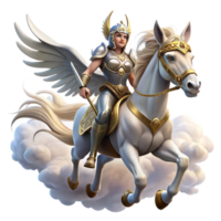 elegant abstract A beautiful Valkyrie, with winged helmet and shining armor, riding a majestic eight-legged horse through the sky. Dramatic, cloudy lighting. Norse mythology style high resolution png