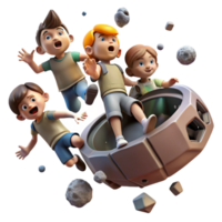 impressive artistic A group of children play zero-gravity tag amidst floating debris in a derelict spaceship. Dystopian style, dim lighting, gritty realism high quality png