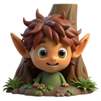 elegant creative A mischievous brownie, with shaggy hair and pointed ears, hiding amongst the roots of an ancient tree. Dim, forest lighting. Folklore style original png