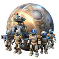 stunning contemporary A group of robots assemble a colossal spaceship in orbit around a gas giant. Industrial sci-fi style, harsh lighting, detailed machinery genuine png