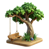 beautiful minimalist A gnarled oak tree with a weathered wooden swing hanging from a branch, overgrown with ivy, dappled sunlight, fairytale illustration style premium png