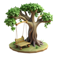 extraordinary rustic A gnarled oak tree with a weathered wooden swing hanging from a branch, overgrown with ivy, dappled sunlight, fairytale illustration style authentic png