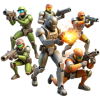 magnificent artistic A group of rebels fights against an army of robots in a war-torn cityscape. Dystopian sci-fi style, explosive lighting, dynamic action high resolution png