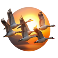 serene artistic A flock of migrating geese flying in V-formation, sunset lighting, silhouette style professional png