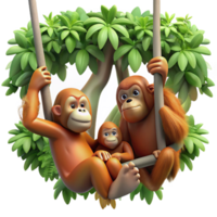 magnificent rustic A family of orangutans swinging through the rainforest canopy, dappled sunlight, photorealistic style genuine png