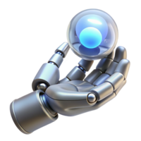 wonderful minimalist A futuristic, sleek, silver robotic hand gently holding a glowing orb of data, illuminated by soft, ethereal light. Art Deco style professional png