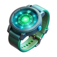 extraordinary minimalist A futuristic wristwatch projecting a holographic interface, displaying intricate data visualizations, lit by a cool green light. Product design style exclusive png