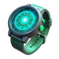 dramatic traditional A futuristic wristwatch projecting a holographic interface, displaying intricate data visualizations, lit by a cool green light. Product design style exclusive png