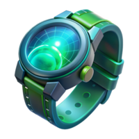beautiful artistic A futuristic wristwatch projecting a holographic interface, displaying intricate data visualizations, lit by a cool green light. Product design style detailed png