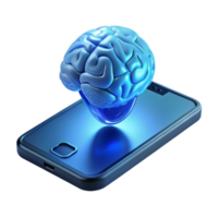 extraordinary minimalist A levitating, transparent smartphone displaying a 3D model of a human brain, lit by a cool blue light. Product design style authentic png