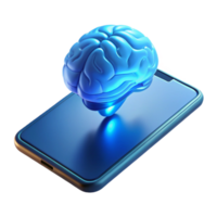 dramatic modern A levitating, transparent smartphone displaying a 3D model of a human brain, lit by a cool blue light. Product design style detailed png