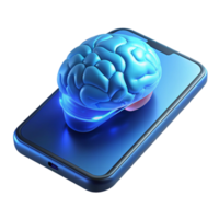 beautiful vintage A levitating, transparent smartphone displaying a 3D model of a human brain, lit by a cool blue light. Product design style 4K png