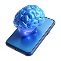 elegant vintage A levitating, transparent smartphone displaying a 3D model of a human brain, lit by a cool blue light. Product design style premium png