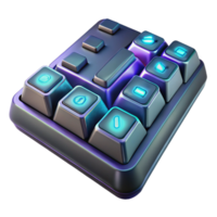 dramatic artistic A close-up of a futuristic keyboard with glowing keys, displaying cryptic symbols. Cyberpunk style genuine png