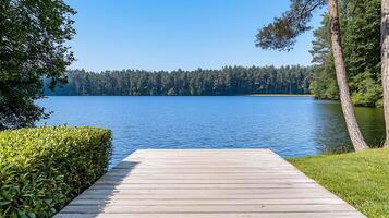 Serene lakeside view with wooden dock, surrounded by lush greenery and tranquil forest backdrop photo