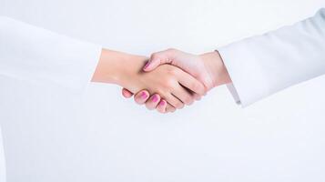 Two individuals in white attire engaging in a handshake against a minimalist background photo