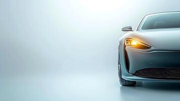 Sleek modern electric car with illuminated turn signal on a minimalistic background photo