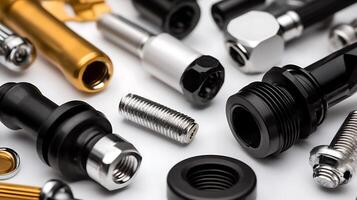 Close-up of assorted metal mechanical parts and fittings arranged on a white background photo