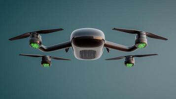A sleek drone with illuminated rotors hovering against a gradient sky, showcasing modern technology photo