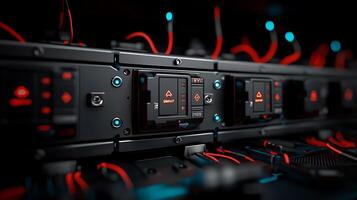Close-up view of high-tech server components with glowing red wires and illuminated buttons photo