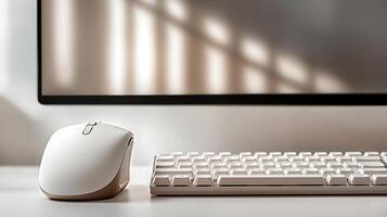 Modern workspace featuring a sleek white mouse and keyboard beside a monitor with soft shadows photo